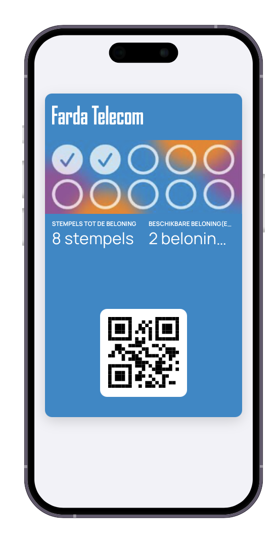 Farda Telecom loyalty card on a phone with blue gradient stamps and QR code